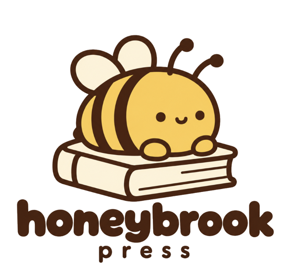 Honeybrook Press logo: a little bee resting on a book
